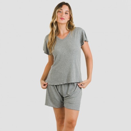 Pijama curto de manga curta mulher canelado viscosa liso