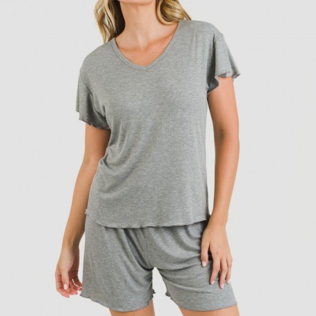 Pijama curto de manga curta mulher canelado viscosa liso