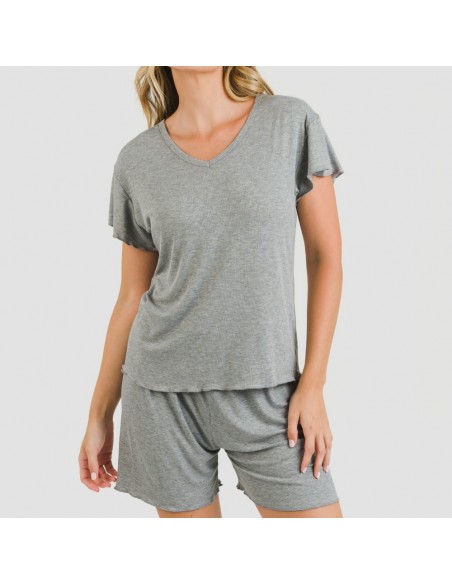 Pijama curto de manga curta mulher canelado viscosa liso Pijama curto de manga curta mulher canelado viscosa liso