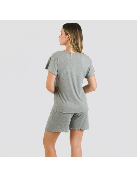 Pijama curto de manga curta mulher canelado viscosa liso Pijama curto de manga curta mulher canelado viscosa liso