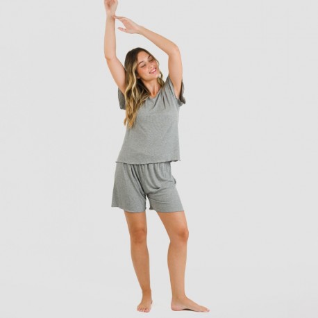Pijama curto de manga curta mulher canelado viscosa liso