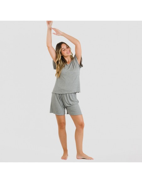 Pijama curto de manga curta mulher canelado viscosa liso Pijama curto de manga curta mulher canelado viscosa liso
