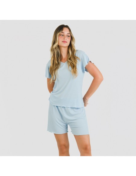 Pijama curto de manga curta mulher canelado viscosa liso Pijama curto de manga curta mulher canelado viscosa liso