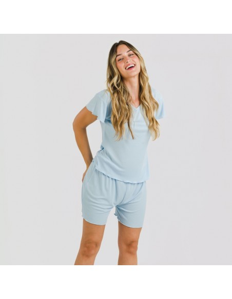 Pijama curto de manga curta mulher canelado viscosa liso Pijama curto de manga curta mulher canelado viscosa liso