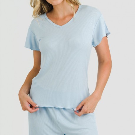 Pijama curto de manga curta mulher canelado viscosa liso