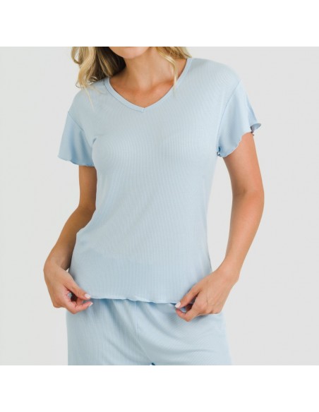 Pijama curto de manga curta mulher canelado viscosa liso Pijama curto de manga curta mulher canelado viscosa liso