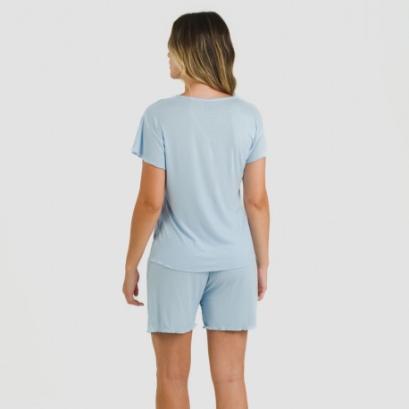 Pijama curto de manga curta mulher canelado viscosa liso