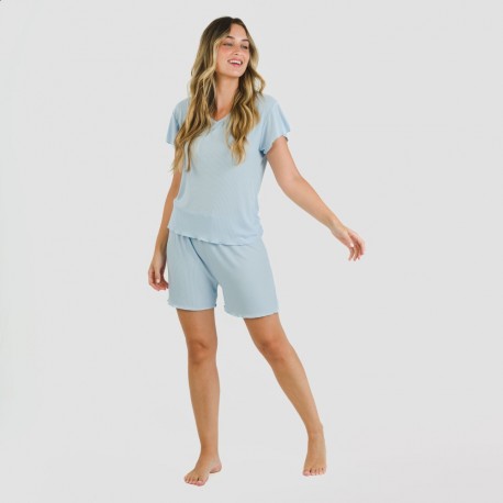 Pijama curto de manga curta mulher canelado viscosa liso