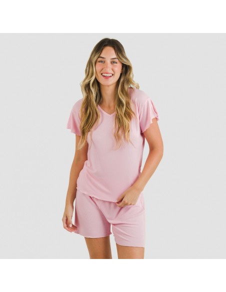 Pijama curto de manga curta mulher canelado viscosa liso Pijama curto de manga curta mulher canelado viscosa liso