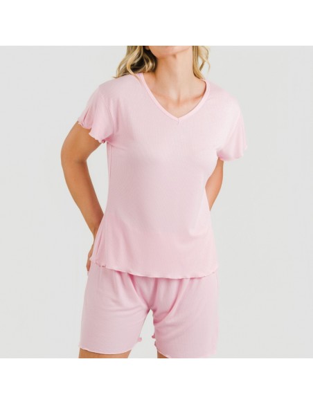 Pijama curto de manga curta mulher canelado viscosa liso Pijama curto de manga curta mulher canelado viscosa liso