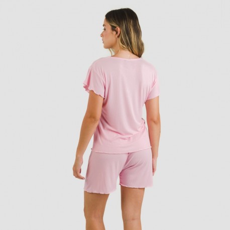 Pijama curto de manga curta mulher canelado viscosa liso