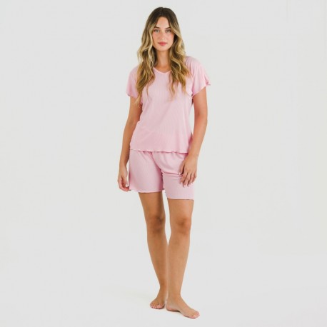 Pijama curto de manga curta mulher canelado viscosa liso