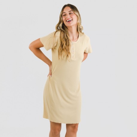 Vestido manga curta canelado viscosa liso