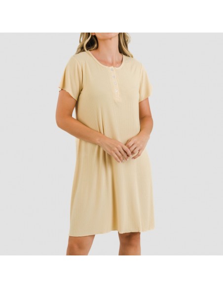 Vestido manga curta canelado viscosa liso Vestido manga curta canelado viscosa liso