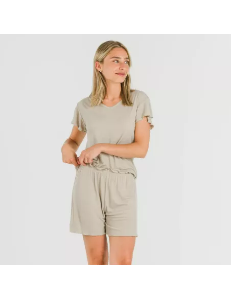 Pijama curto de manga curta mulher canelado viscosa liso Pijama curto de manga curta mulher canelado viscosa liso