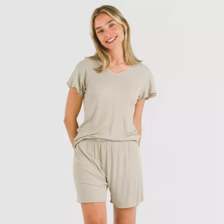 Pijama curto de manga curta mulher canelado viscosa liso