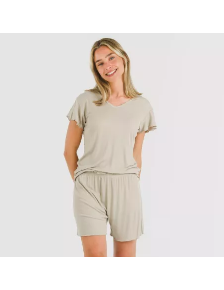 Pijama curto de manga curta mulher canelado viscosa liso Pijama curto de manga curta mulher canelado viscosa liso