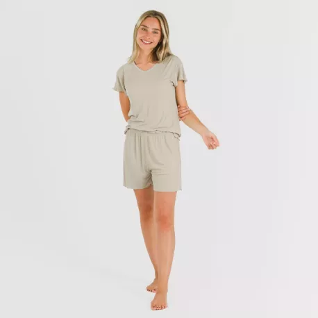 Pijama curto de manga curta mulher canelado viscosa liso