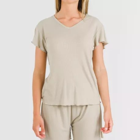 Pijama curto de manga curta mulher canelado viscosa liso