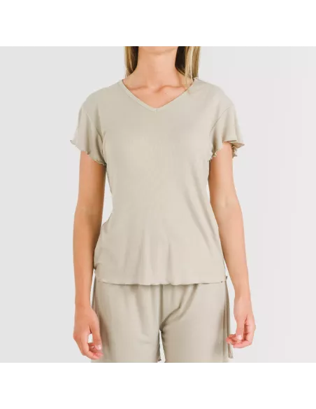 Pijama curto de manga curta mulher canelado viscosa liso Pijama curto de manga curta mulher canelado viscosa liso
