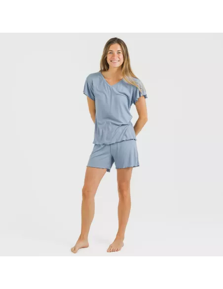 Pijama curto de manga curta mulher canelado viscosa liso Pijama curto de manga curta mulher canelado viscosa liso