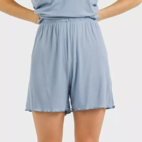 Pijama curto de manga curta mulher canelado viscosa liso