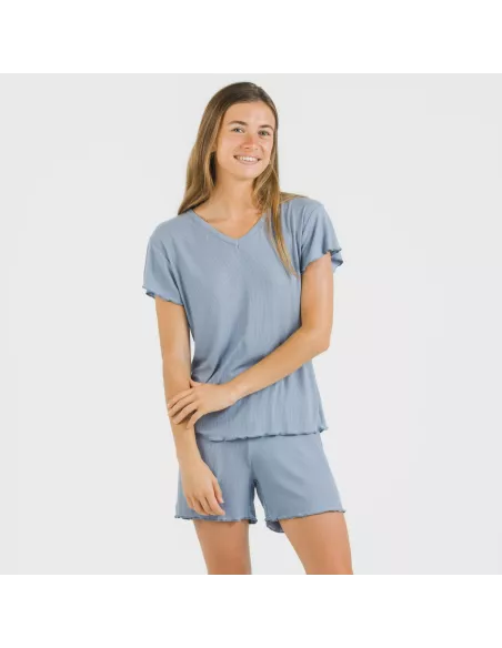 Pijama curto de manga curta mulher canelado viscosa liso Pijama curto de manga curta mulher canelado viscosa liso