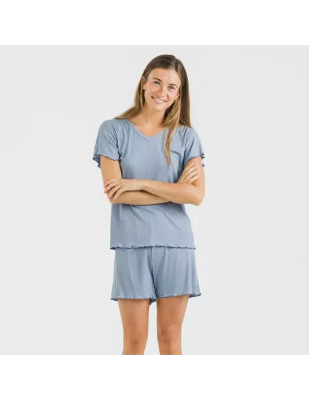 Pijama curto de manga curta mulher canelado viscosa liso Pijama curto de manga curta mulher canelado viscosa liso