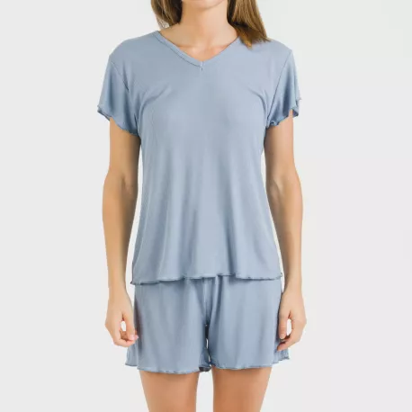 Pijama curto de manga curta mulher canelado viscosa liso