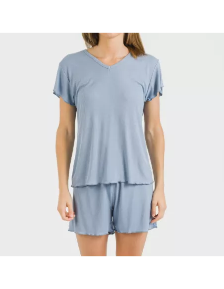 Pijama curto de manga curta mulher canelado viscosa liso Pijama curto de manga curta mulher canelado viscosa liso