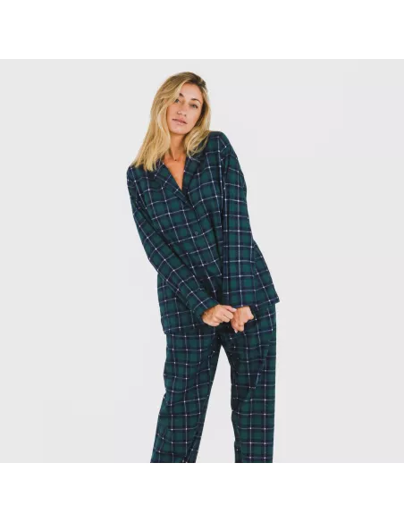Pijama flanela com lapela mulhe Cuadro Ruz verde Pijama flanela com lapela mulhe Cuadro Ruz verde