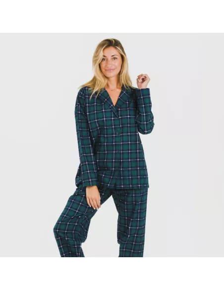Pijama flanela com lapela mulhe Cuadro Ruz verde Pijama flanela com lapela mulhe Cuadro Ruz verde