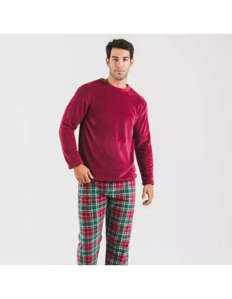 Pijama coral homem Cuadro Aros bordeaux Pijama coral homem Cuadro Aros bordeaux
