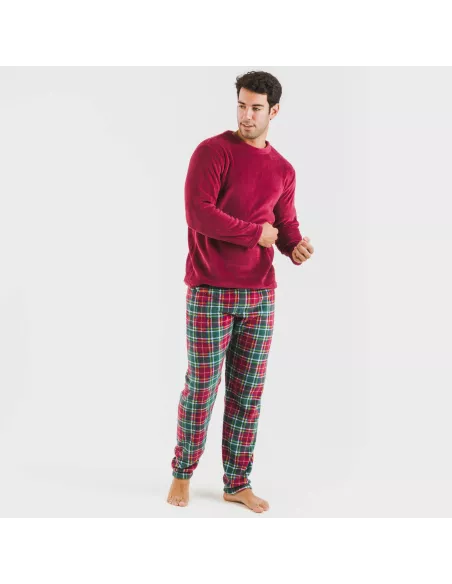 Pijama coral homem Cuadro Aros bordeaux Pijama coral homem Cuadro Aros bordeaux