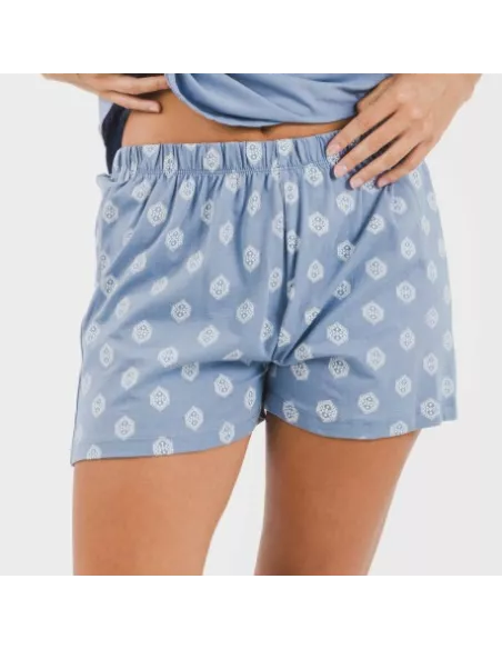 Pijama curto algodão Garbo azul añil Pijama curto algodão Garbo azul añil