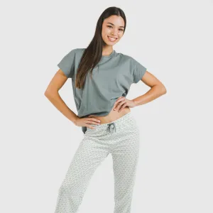 Pijama comprido algodão mulher manga fluída Xenia verde azulado 2