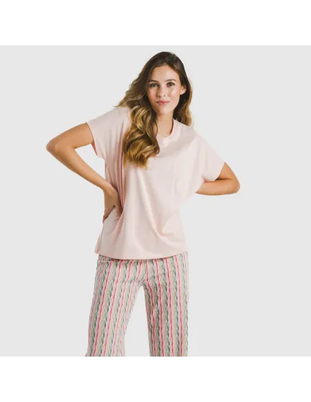 Pijama comprido algodão mulher manga fluída Villa rosa