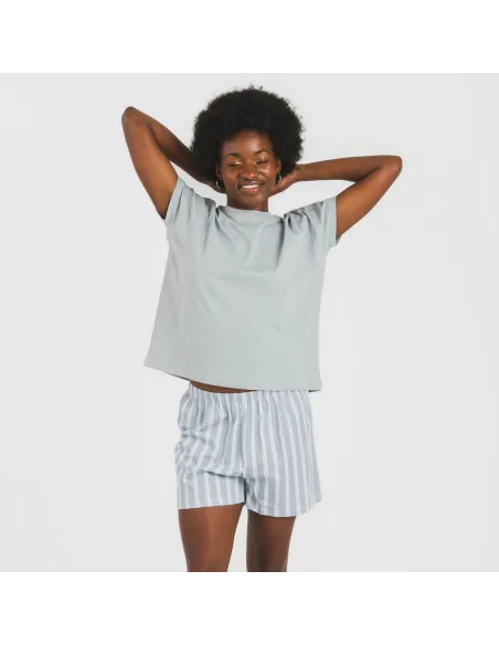 Pijama curto manga fluída algodão mulher Raya Marsella azul indigo