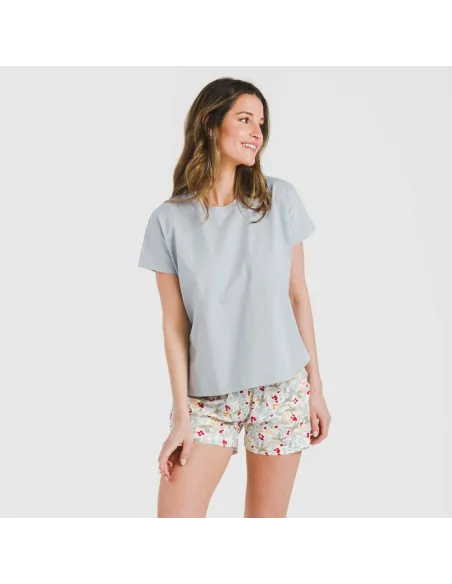 Pijama curto manga fluída algodão mulher Viena azul indigo