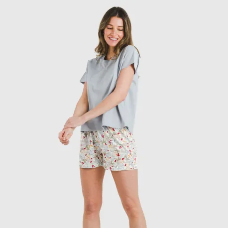 Pijama curto manga fluída algodão mulher Viena azul indigo