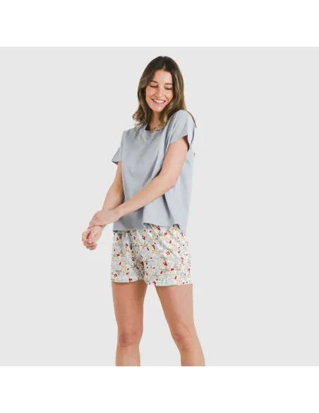 Pijama curto manga fluída algodão mulher Viena azul indigo