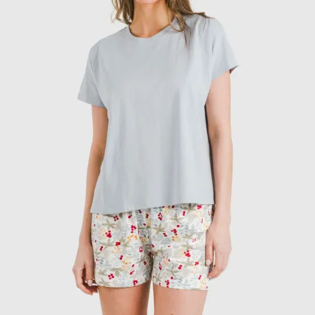 Pijama curto manga fluída algodão mulher Viena azul indigo