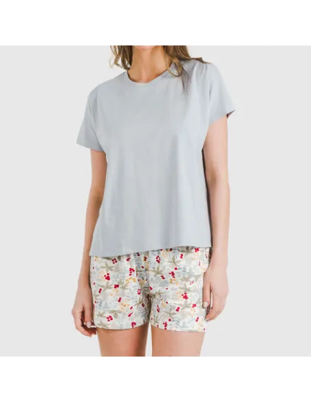 Pijama curto manga fluída algodão mulher Viena azul indigo