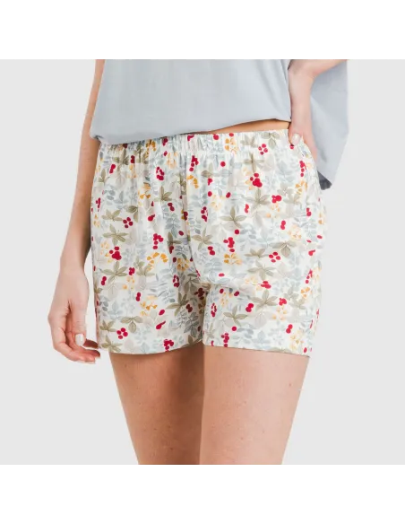 Pijama curto manga fluída algodão mulher Viena azul indigo