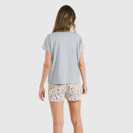 Pijama curto manga fluída algodão mulher Viena azul indigo