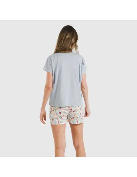 Pijama curto manga fluída algodão mulher Viena azul indigo