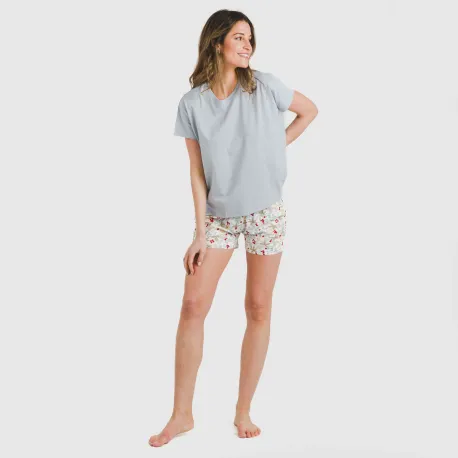 Pijama curto manga fluída algodão mulher Viena azul indigo
