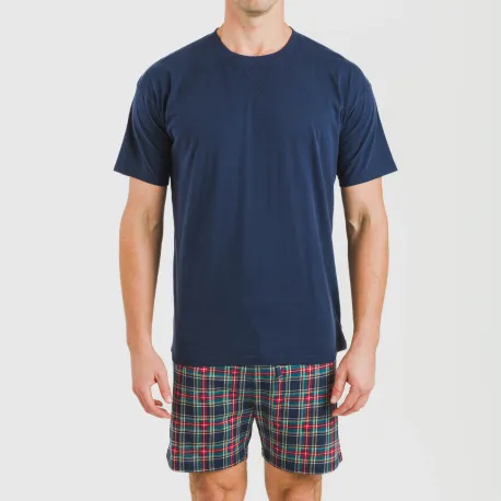 Pijama curto algodão homem Cuadro Cefiro azul
