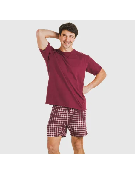 Pijama curto algodão homem Cuadro Roberto bordeaux
