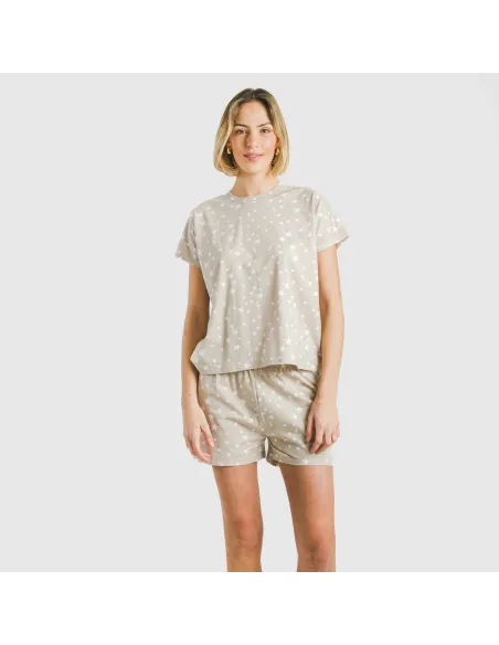 Pijama curto manga fluída algodão mulher Estrellita arena